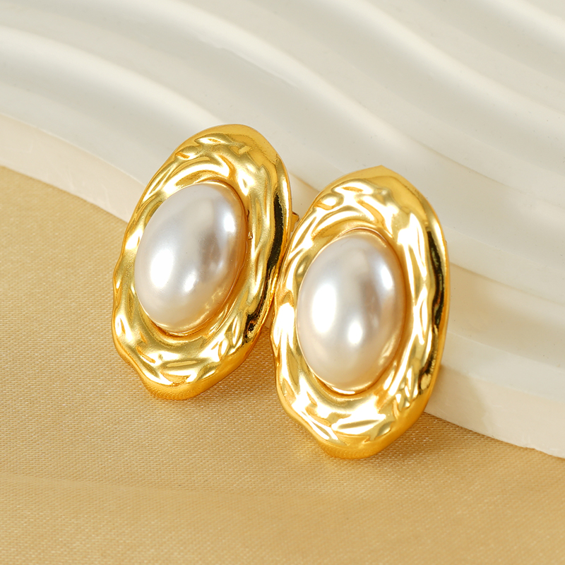 1 Pair Simple Series Casual Oval Stainless Steel 18K Gold Plated Imitation Pearl Women's Stud Earrings h5 